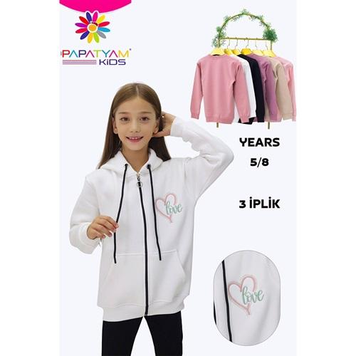 Papatyam Kids 10908 Kız Çocuk 3 İp Taşlı Love Kalp Nakışlı Fermuarlı Caket 5-8 Yaş
