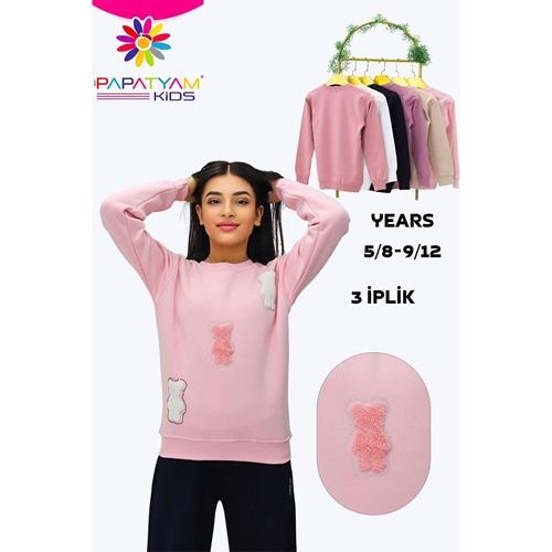 Papatyam Kids 11918 Kız Çocuk 3 İp Üçlü Peluş Taşlı Aycık Nakışlı Sweat 9-12 Yaş