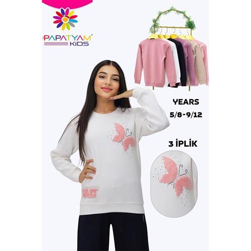 Papatyam Kids 11920 Kız Çocuk 3 İp Taşlı Kelebek Peluş Nakışlı Sweat 9-12 Yaş