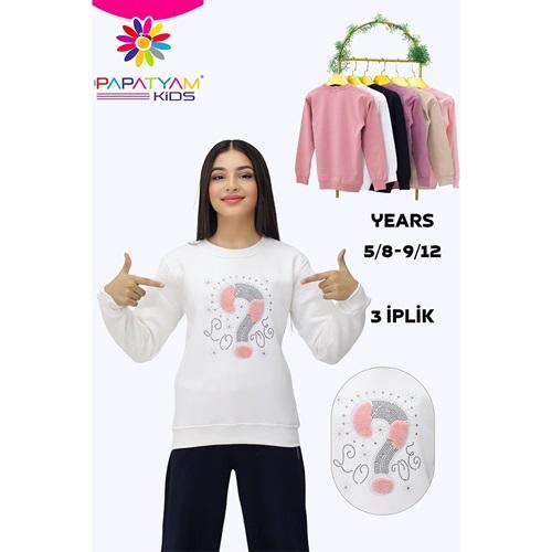 Papatyam Kids 10904 Kız Çocuk 3 İp Taşlı Peluş Soru İşareti Nakışlı Sweat 5-8 Yaş