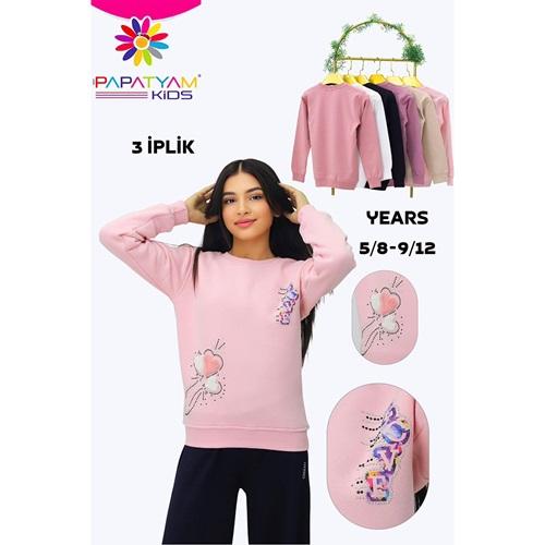 Papatyam Kids 10921 Kız Çocuk 3 İp Taşlı Peluş Love Kalp Nakışlı Sweat 5-8 Yaş