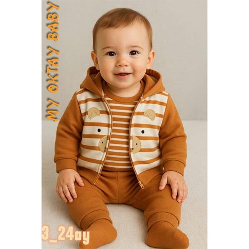 My Oktay 4070 Erkek Bebe Çizgılı Aycık Nakışlı 3 Lü Takım 3-24 Ay