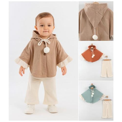 Tufitto 1721 Kız Bebe Dantelli Ponponlu Pelerinli Takım 6-18 Ay