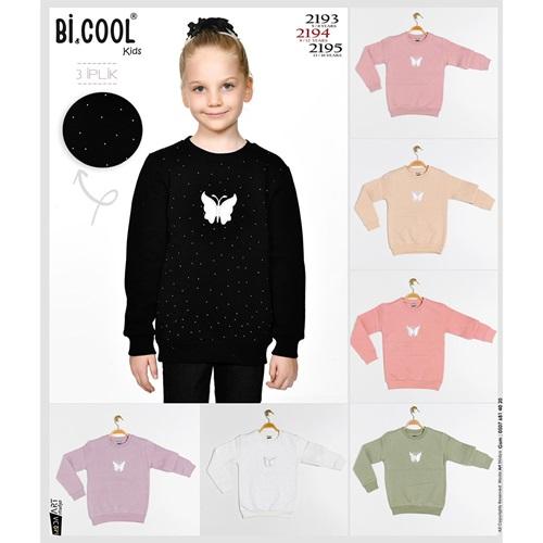 Bi Cool 2195 Kız Çocuk 3 İplik Taş Kelebek Nakışlı Sıfır Yaka Sweat 13-16 Yaş