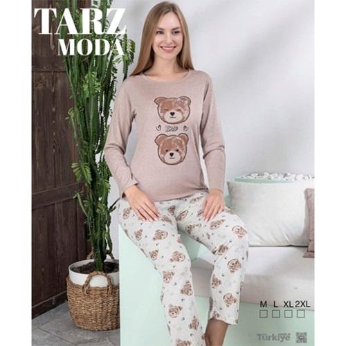 Tarz Moda 1474 Bayan Penye Likralı Baskılı Pijama Takımı M-2XL (4 Lü)