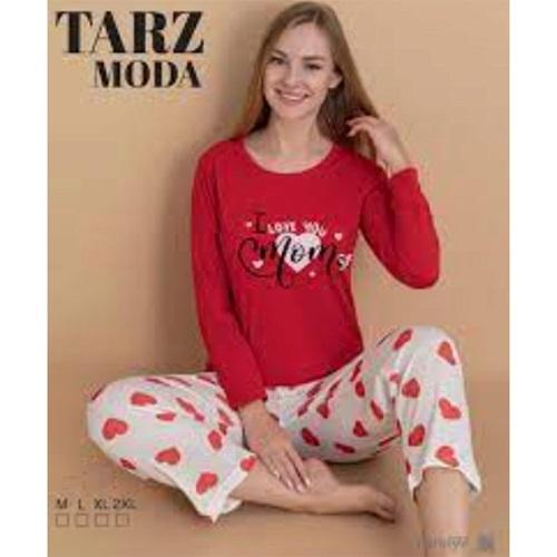 Tarz Moda 1459 Bayan Penye Likralı Baskılı Pijama Takımı M-2XL (4 Lü)