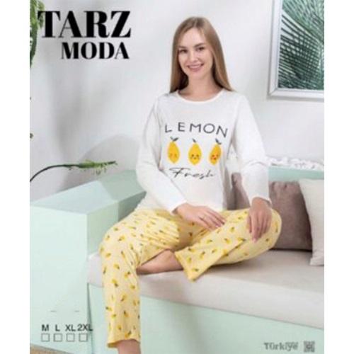 Tarz Moda 1475 Bayan Penye Likralı Baskılı Pijama Takımı M-2XL (4 Lü)