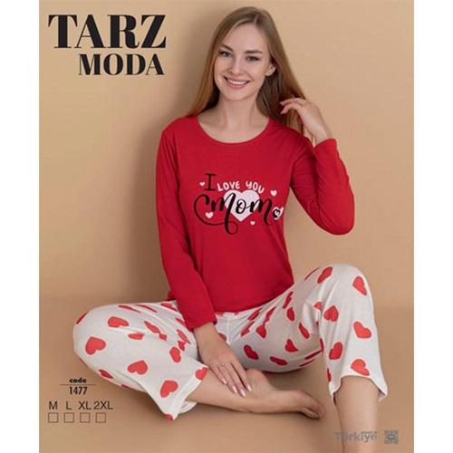 Tarz Moda 1477 Bayan Penye Likralı Baskılı Pijama Takımı M-2XL (4 Lü)