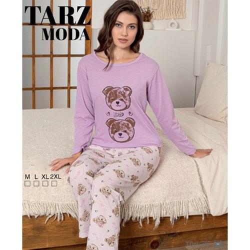 Tarz Moda 1473 Bayan Penye Likralı Baskılı Pijama Takımı M-2XL (4 Lü)
