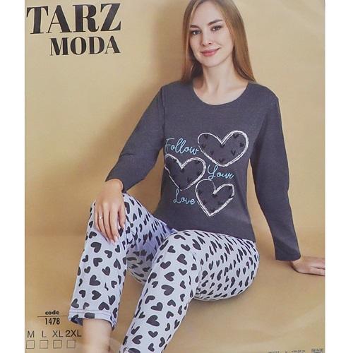 Tarz Moda 1478 Bayan Penye Likralı Baskılı Pijama Takımı M-2XL (4 Lü)
