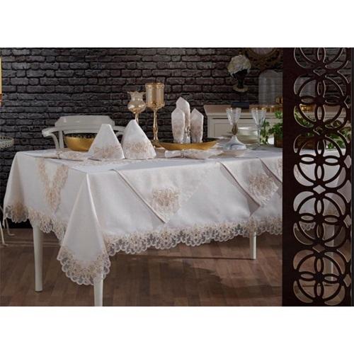 Kasso Home Krc0737 Gülistan Linen Fransız Güpürlü 26 Parça Masa Örtüsü Seti 160 X 220 CM