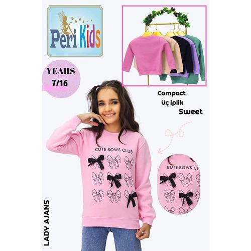 Peri Kids 1001 Kız Çocuk 3 İp Kurdela Baskılı Sıfır Yaka Sweat 7-11 Yaş