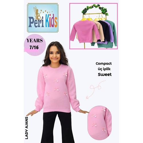 Peri Kids 1001 Kız Çocuk 3 İp Kurdela Nakışlı Sıfır Yaka Sweat 12-16 Yaş