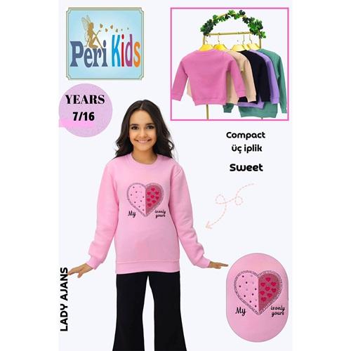 Peri Kids 1001 Kız Çocuk 3 İp Süzine Kalp Nakışlı Sıfır Yaka Sweat 7-11 Yaş