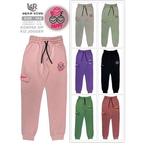 Uçar 6034-2 Kız Çocuk 3 iP Kompak Penye Happy Baskılı Komando Cepli Ribana Paça Eşofman Alt 12-16 Yaş