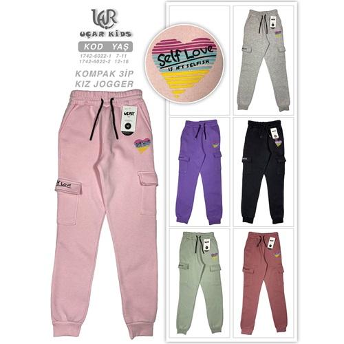 Uçar 6022-2 Kız Çocuk 3 İp Yan Cep Çift Komnd Selfie Baskılı Paca Ribana Eşofman Alt 12-16 Yaş