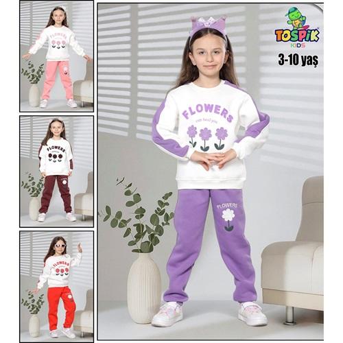 Tospik 40017 Kız Çocuk 3 ip Flowers Nakışlı Sıfır Yaka Takım 3-10 Yaş
