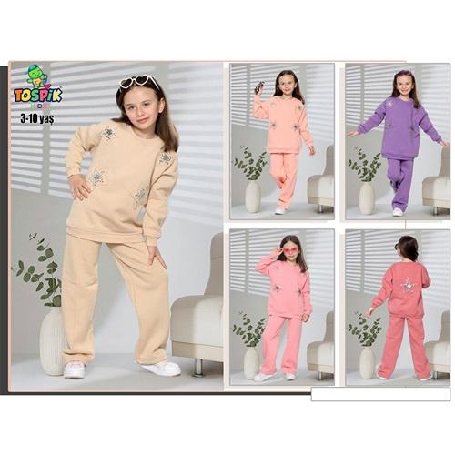 Tospik 40013 Kız Çocuk 3 ip Pullu Yıldız Aplike Nakışlı Sıfır Yaka Takım 3-10 Yaş