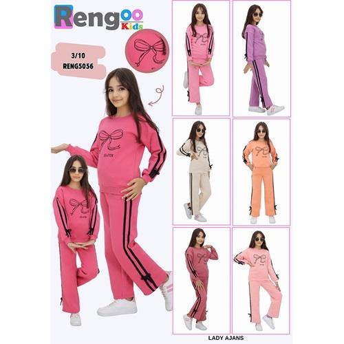 Rengoo 5056 Kız Çocuk 3 iplik Fiyonk Nakışlı Kolu Şeritli Sıfır Yaka Takım 3-10 Yaş