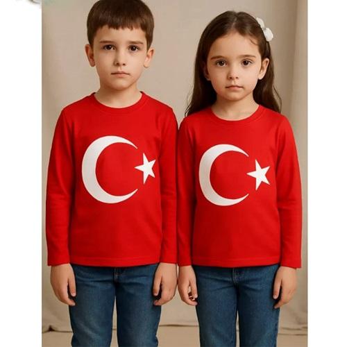 Meleğim Life 20252026 Çocuk Penye Bayrak Baskılı Uzun Kol Sıfır Yaka Badı 5-8 Yaş