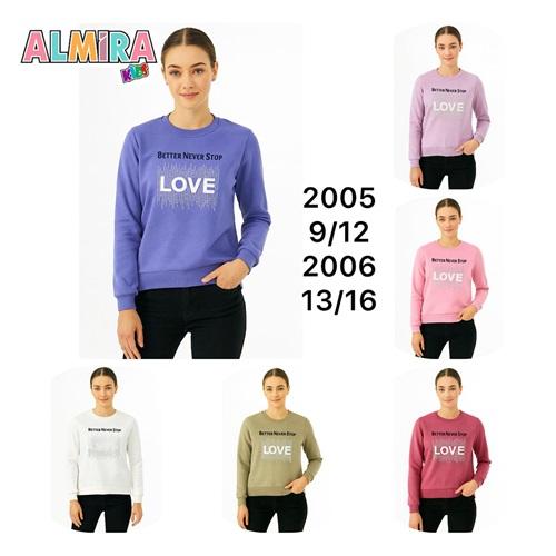 Almira Kids 2005 Kız Çocuk 3 İp Taş Love Baskılı Sıfır Yaka Sweat 9-12 Yaş