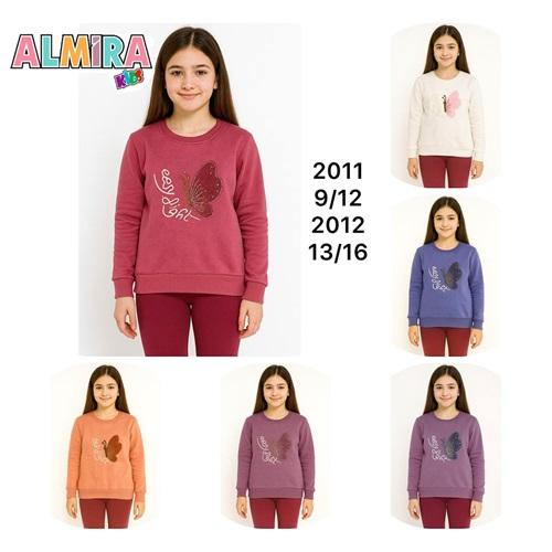 Almira Kids 2011 Kız Çocuk 3 İp Süzine Kelebek Nakışlı Sıfır Yaka Sweat 9-12 Yaş