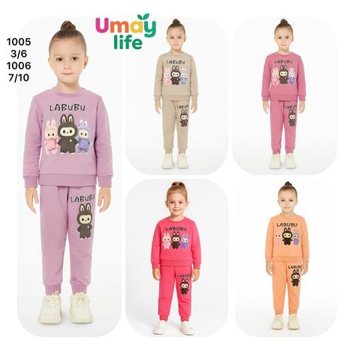 Umay 1005 Kız Çocuk 2 İp 3 Labubu Baskılı Sıfır Yaka Takım 3-6 Yaş