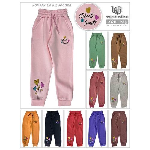 Uçar 1675-1 Kız Çocuk 3 İp Kalp Baskılı Yan Cepli Paça Ribana Eşofman Alt 2-6 Yaş