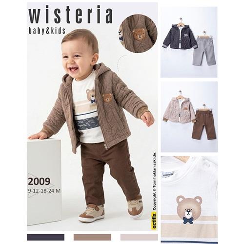 Wisteria 2009 Erkek Bebe Süzine Sevimli Ayıcık Nakışlı Kapşonlu Ceket 3Lü Takım 9-24 Ay