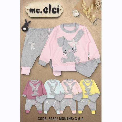 6230 Kız Penye Tavşan Nakışlı 2li Takım 3-6-9 AY