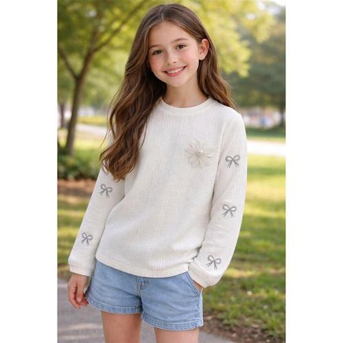Almila 9023 Kız Çocuk Fitili Kol Fiyonk Nakışlı Taşlı Çicek Sıfır Yaka Sweat 5-8 Yaş