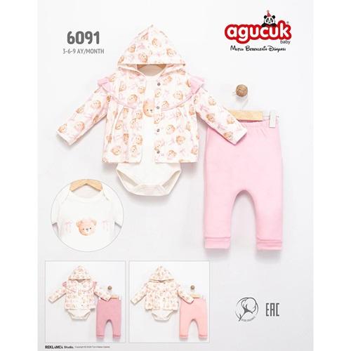 Agucuk Baby 6091 Kız Bebe Sevimli Ayı Baskılı Kapşonlu 3 Lü Takım 3-9 Ay - 40944-Karışık Renk -3-9 AY
