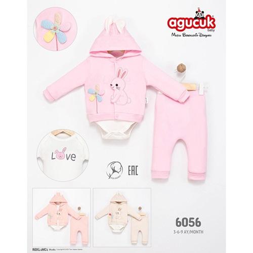 Agucuk Baby 6056 Kız Bebe Sevimli Tavşan Nakışlı Kapşonlu 3 Lü Takım 3-9 Ay - 40946-Karışık Renk -3-9 AY