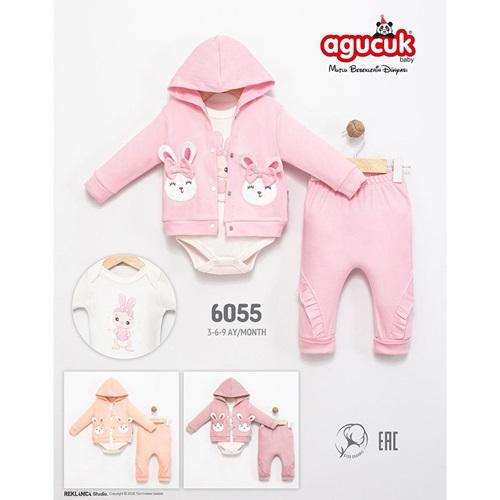 Agucuk Baby 6055 Kız Bebe Sevimli Kedi Nakışlı Kapşonlu 3 Lü Takım 3-9 Ay - 40948-Karışık Renk -3-9 AY