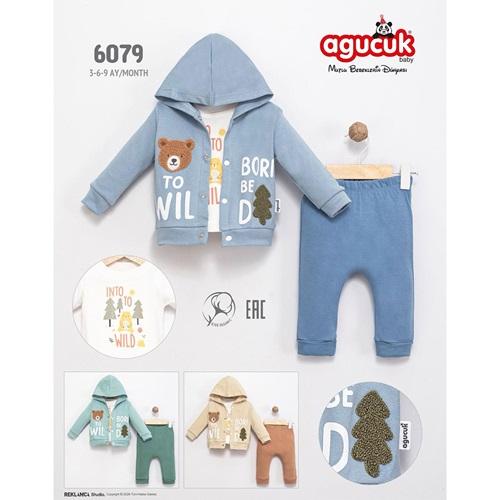 Agucuk Baby 6079 Erkek Bebe Sevimli Ayı Nakışlı Kapşonlu 3 Lü Takım 3-9 Ay - 40950-Karışık Renk -3-9 AY