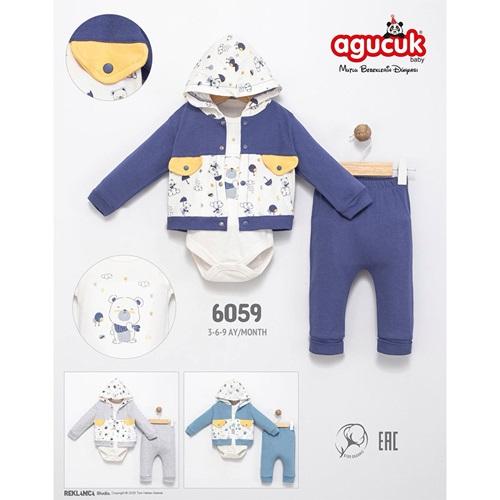 Agucuk Baby 6059 Erkek Bebe Sevimli Ayı Baskılı Kapşonlu 3 Lü Takım 3-9 Ay - 40951-Karışık Renk -3-9 AY