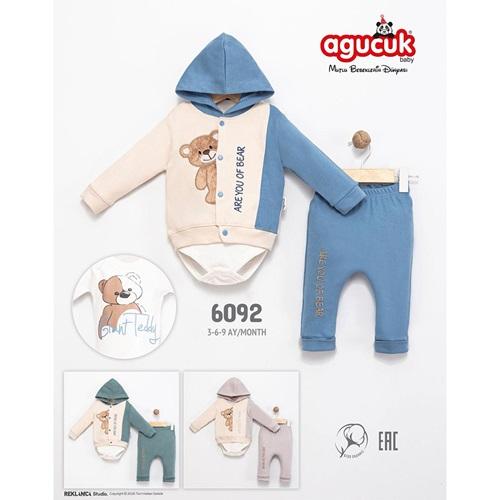 Agucuk Baby 6092 Erkek Bebe Sevimli Ayı Nakışlı Kapşonlu 3 Lü Takım 3-9 Ay - 40952-Karışık Renk -3-9 AY
