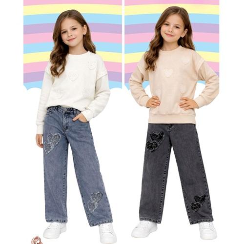 Rengoo 5143 Kız Çocuk Oysho Kalp Nakışlı Taş Detaylı Kot Pantolonlu Takım 4-11 Yaş