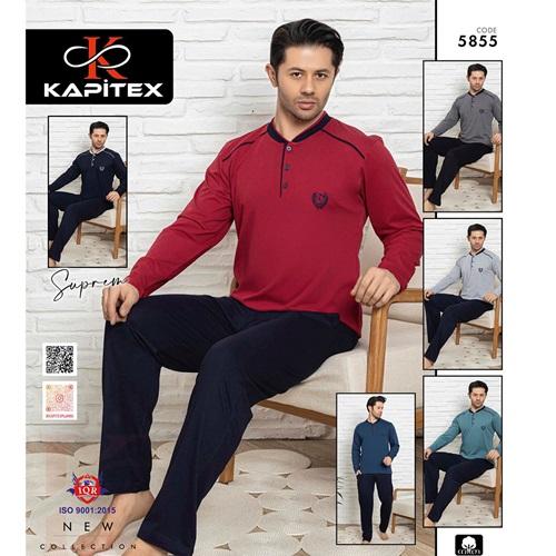 Kapitex 5855 Erkek Cotton 3 Düğmeli Armali Uzun Kollu İnce Pijama Takımı M-2XL