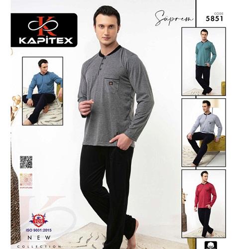 Kapitex 5851 Erkek Cotton İnc Cepli Armalı 3 Düğmeli Uzun Kollu Pijama Takımı M-2XL