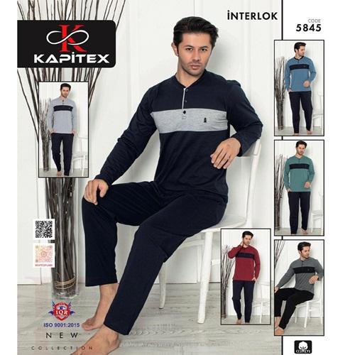 Kapitex 5845 Erkek Cotton Parçalı 3 Düğmeli Uzun Kollu Pijama Takımı M-2XL