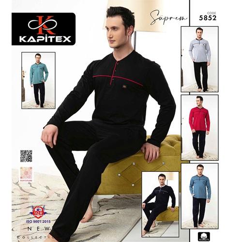 Kapitex 5852 Erkek Cotton Arabiyeli 3 Düğmeli Uzun Kollu Pijama Takımı M-2XL