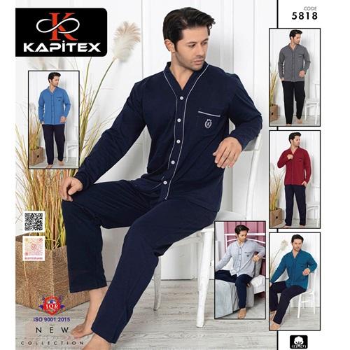 Kapitex 5818 Erkek Cotton Boydan Düğmeli Uzun Kollu Pijama Takımı M-2XL
