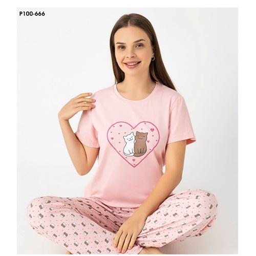 Sude P100-666 Bayan Modal Desenli Kısa Kol Pijama Takımı M-2XL - Karışık Renk - M-L-XL-2XL