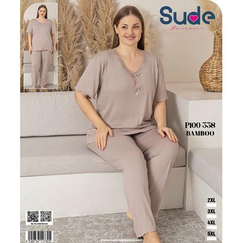 Sude P100-338 Bayan Battal Bambu Desenli Kısa Kol Pijama Takımı 2XL-5XL