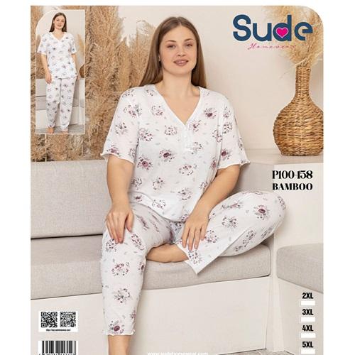 Sude P100-158 Bayan Battal Bambu Desenli Kısa Kol Pijama Takımı 2XL-5XL