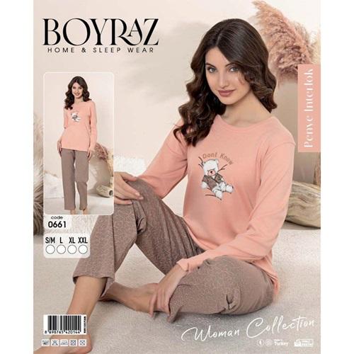 Boyraz 0661 Bayan Penye İnterlok Desenli Uzun Kollu Pijama Takımı S-2XL - 41100-Karışık Ren-S\M-L-XL-2XL