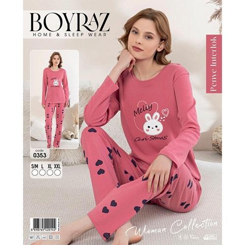 Boyraz 0353 Bayan Penye İnterlok Desenli Uzun Kollu Pijama Takımı S-2XL - 41104-Karışık Ren-S\M-L-XL-2XL