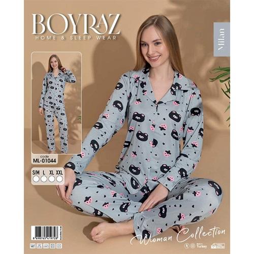 Boyraz 01044 Bayan Milan Desenli Uzun Kollu Ceket Yakalı Pijama Takımı S-2XL