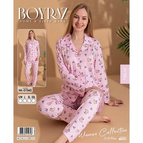 Boyraz 01042 Bayan Milan Desenli Uzun Kollu Ceket Yakalı Pijama Takımı S-2XL